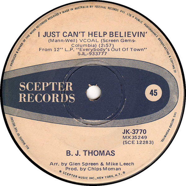 Accords et paroles I Just Can't Help Believin' B.J. Thomas