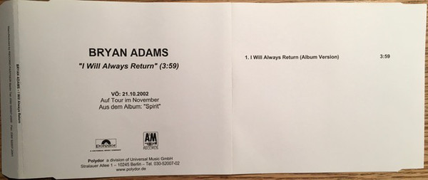 Accords et paroles I Will Always Return Bryan Adams