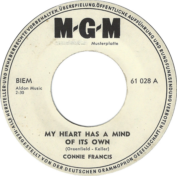 Accords et paroles Heart Has Mind Of Its Own Connie Francis