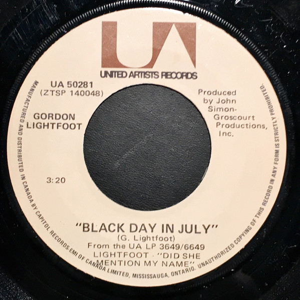 Accords et paroles Black Day In July Gordon Lightfoot