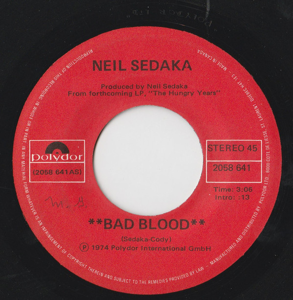 Accords et paroles Bad Blood Neil Sedaka