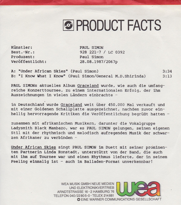 Accords et paroles Under African Skies Paul Simon